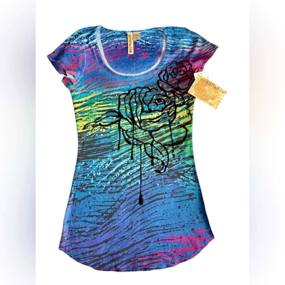 NWT! Graphic Tee Abstract Black Felt Roses Overlay Drip Painted 2000s